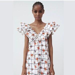 Zara Women's Floral Print V-Neck A line Ruffle Dress White/Multi Size Small